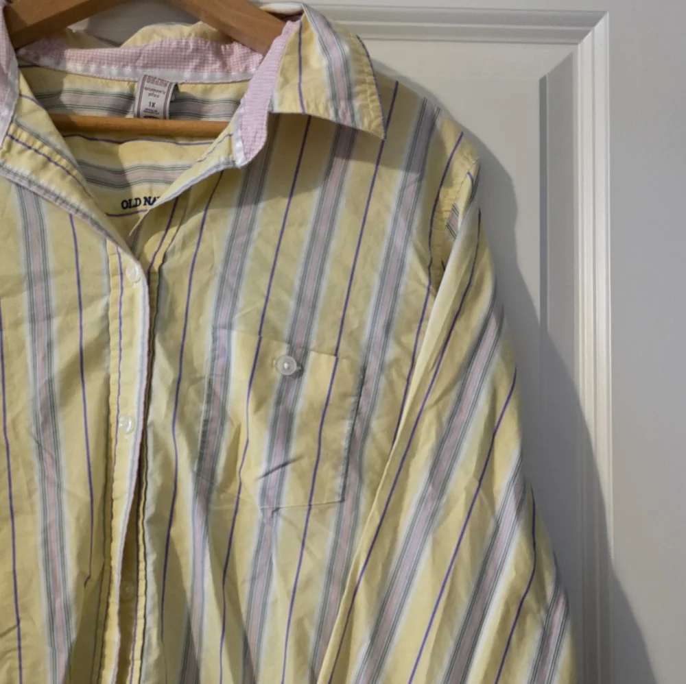 Y2k Old Navy Striped Button Up Collared Shirt Womens 1X Yellow Pink Blue Preppy - Picture 3 of 8